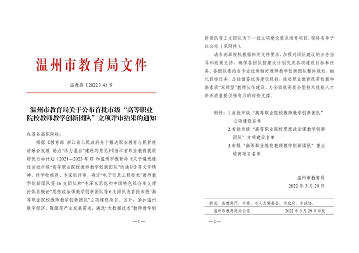 我校入选温州市首批高等职业院校教师教学创新团队立项建设单位
